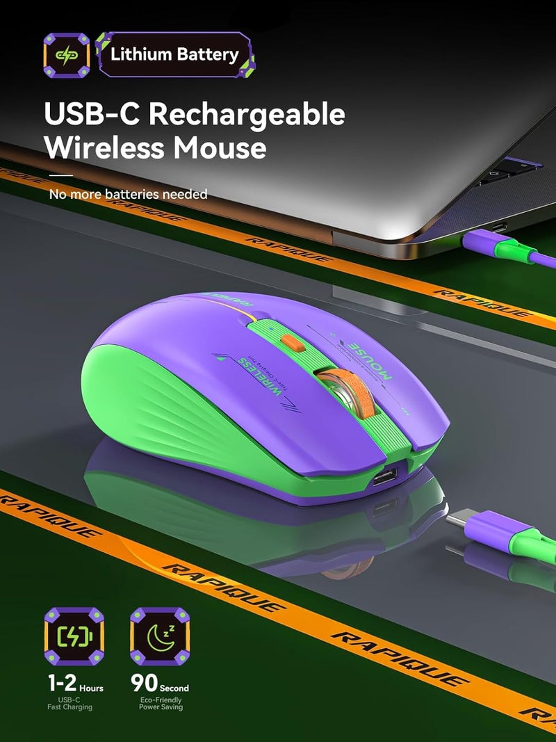RAPIQUE Bluetooth Wireless Mouse - (BT1/BT2+USB Receiver) Dual Mode, Rechargeable, Quiet Click, Multi-Device Compatibility for Laptop, Computer, MacBook, Tablet (Purple and Green) - Image 4